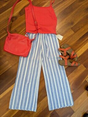 Striped Wide Leg Pants - Light Blue & White